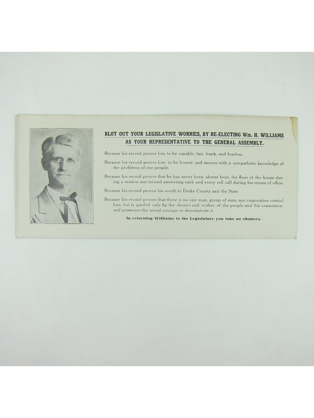 Political Campaign Ink Blotter Darke County Ohio William Williams Vintage 1930s